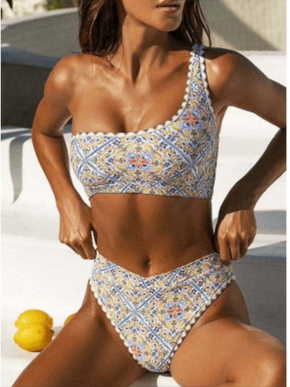 One-Shoulder Tile Print Bikini Set in Yellow & Navy